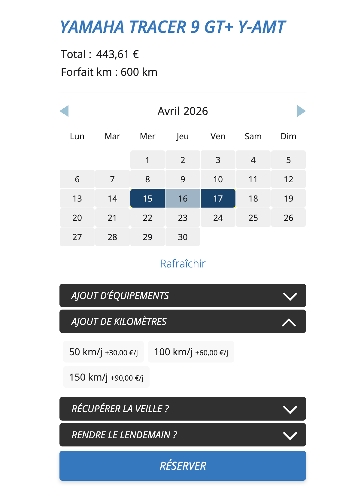 Capture d'écran de la fiche moto dont l'option ajout de km supplémentaires