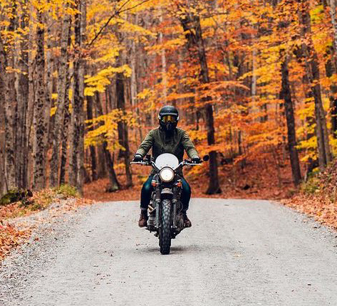 Motard à moto en forêt pendant l'automne.