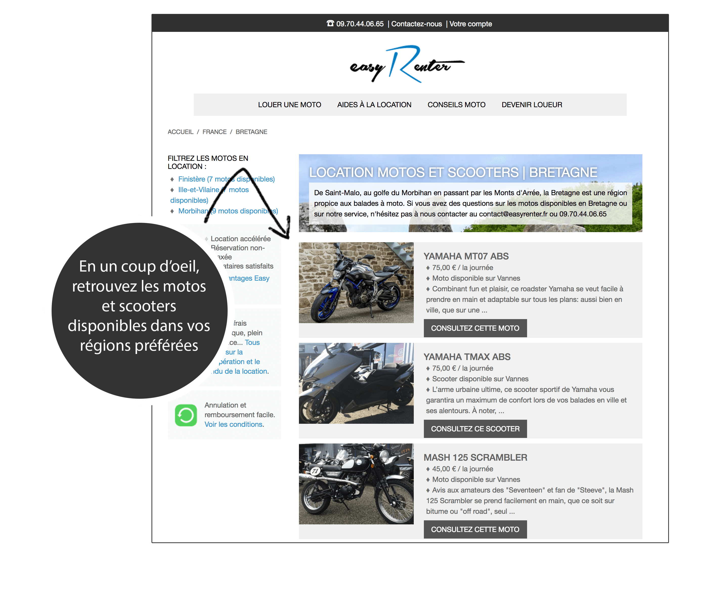 Page categorie de la plateforme de location moto Easy Renter