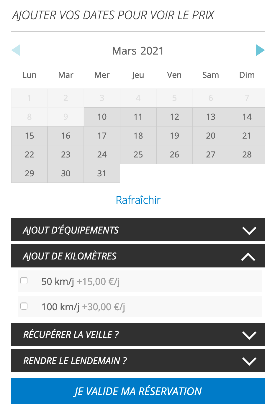 Capture d'écran de la fiche moto dont l'option ajout de km supplémentaires