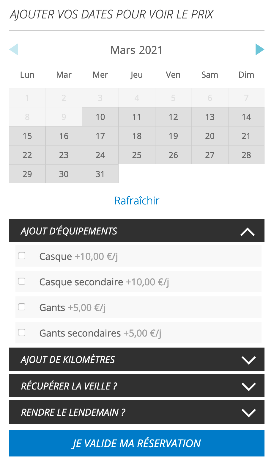 Capture d'écran de la fiche moto dont l'ajout d'équipements